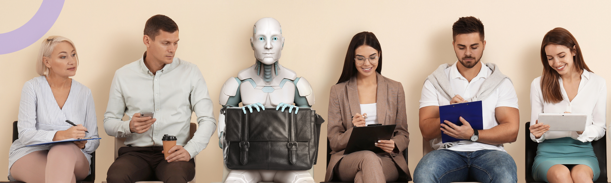 Picture of a robot sitting in a recruitment line alongside humans
